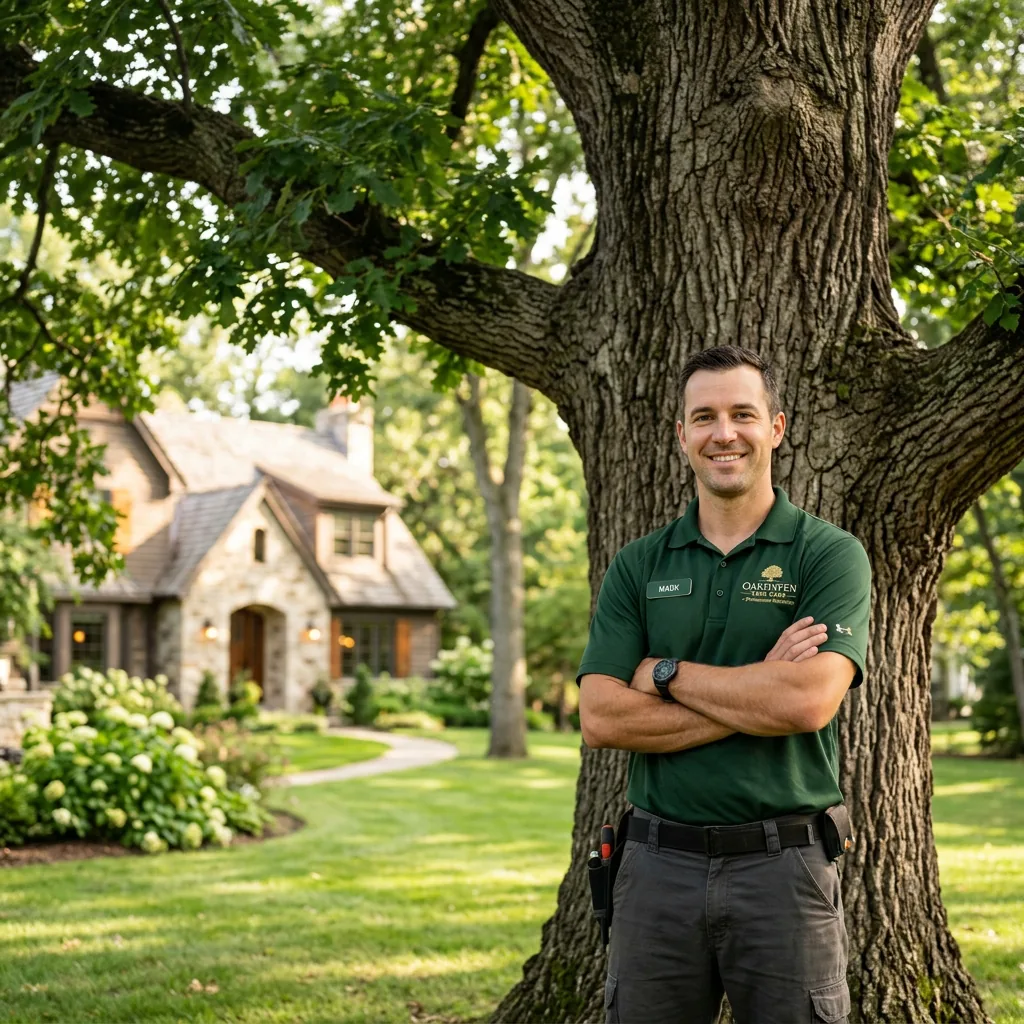 Tree-care professional inspecting a mature tree