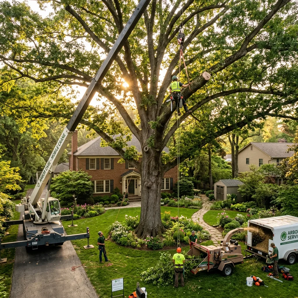 Professional arborist team performing crane-assisted tree care